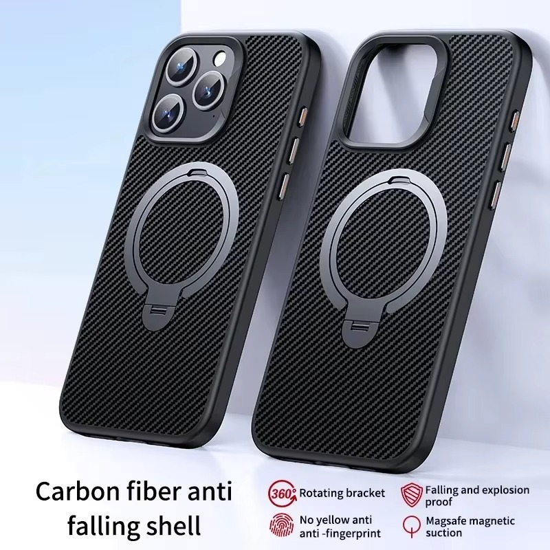 Premium MagSafe iPhone Case Magnetic Shockproof Carbon Fiber with Rotating Stand, Metal Camera Frame Button, Lightweight Rugged Cover
