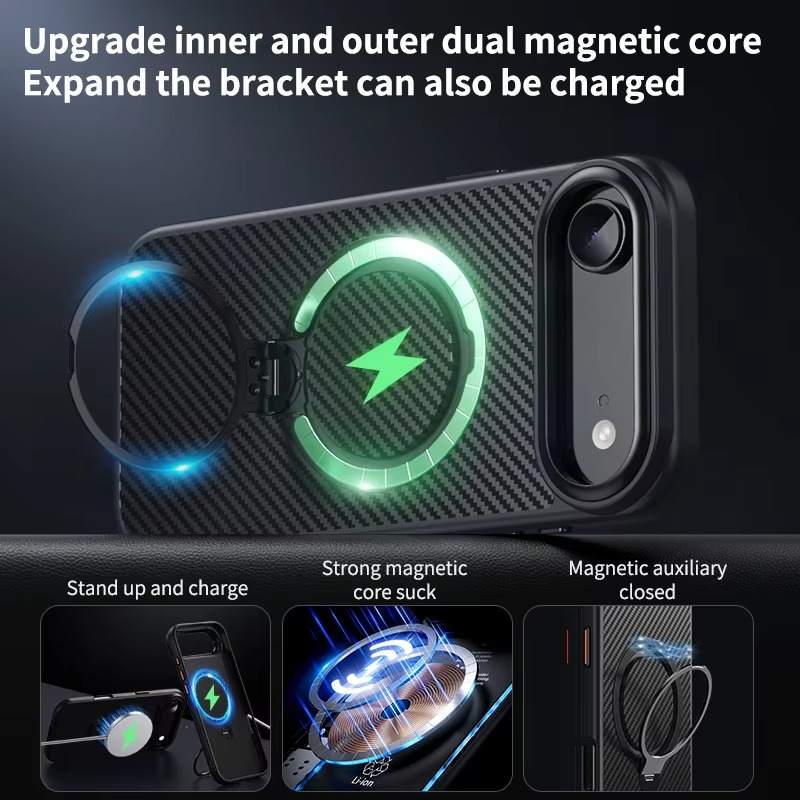 Premium MagSafe iPhone Case Magnetic Shockproof Carbon Fiber with Rotating Stand, Metal Camera Frame Button, Lightweight Rugged Cover