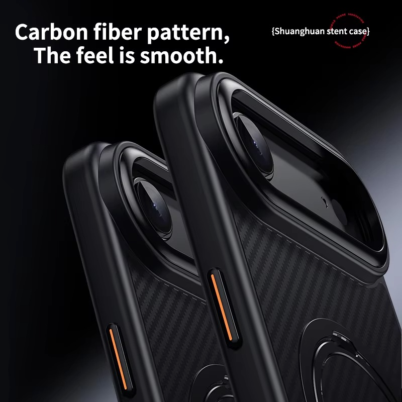 Premium MagSafe iPhone Case Magnetic Shockproof Carbon Fiber with Rotating Stand, Metal Camera Frame Button, Lightweight Rugged Cover