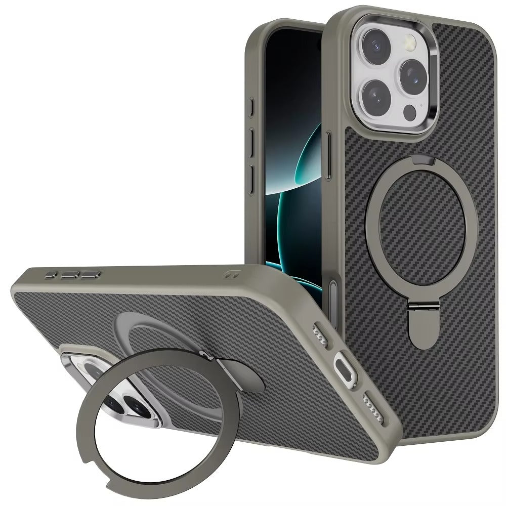 Premium iPhone Case — MagSafe Magnetic Armor Cover with Desert Titanium Metal Frame, Carbon Fiber Texture, Anti-Scratch Holder and Wireless-Charging Support
