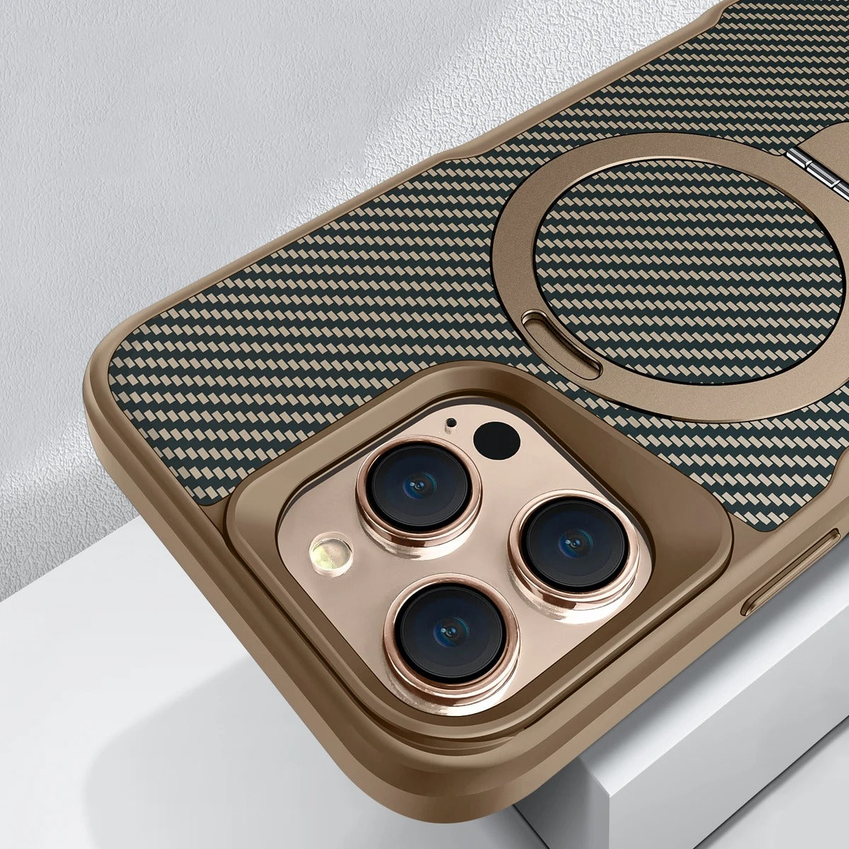 Premium iPhone Case — MagSafe Magnetic Armor Cover with Desert Titanium Metal Frame, Carbon Fiber Texture, Anti-Scratch Holder and Wireless-Charging Support