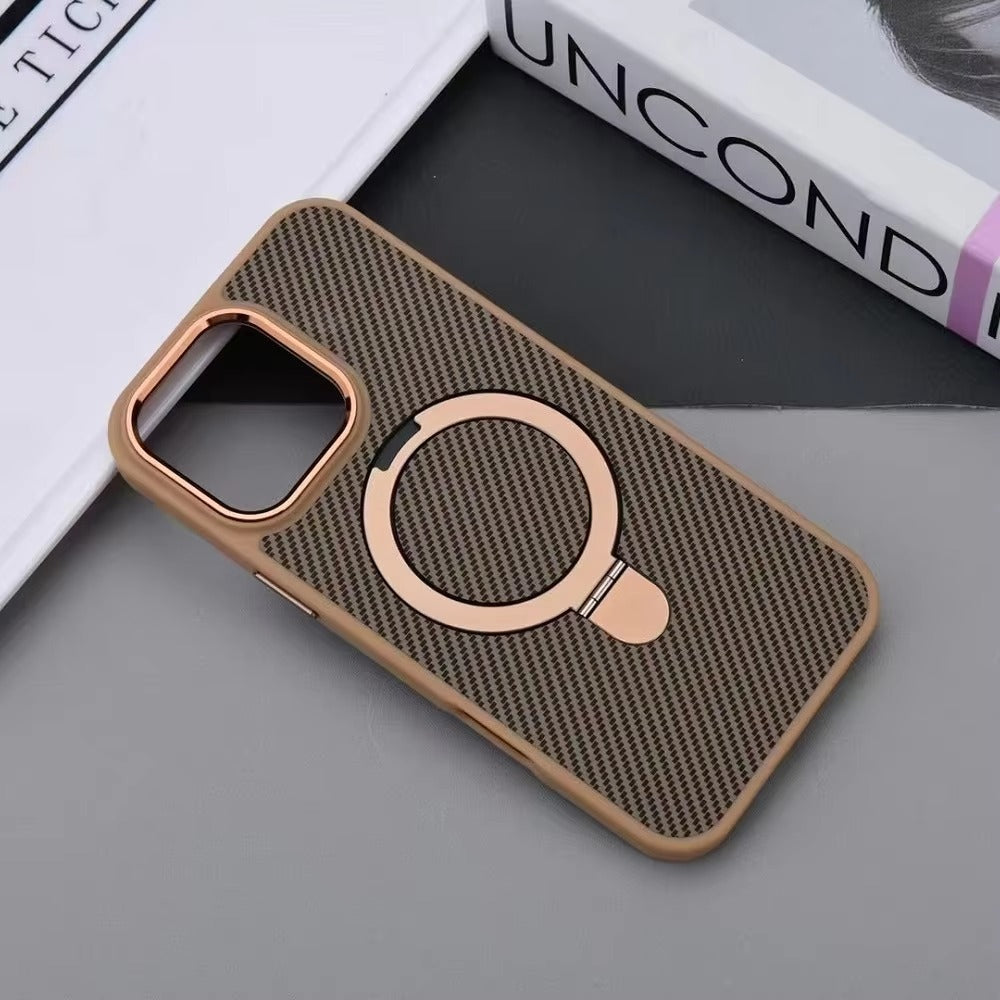 Premium iPhone Case — MagSafe Magnetic Armor Cover with Desert Titanium Metal Frame, Carbon Fiber Texture, Anti-Scratch Holder and Wireless-Charging Support