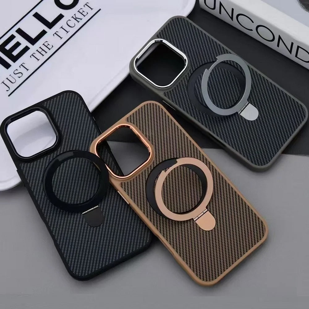 Premium iPhone Case — MagSafe Magnetic Armor Cover with Desert Titanium Metal Frame, Carbon Fiber Texture, Anti-Scratch Holder and Wireless-Charging Support