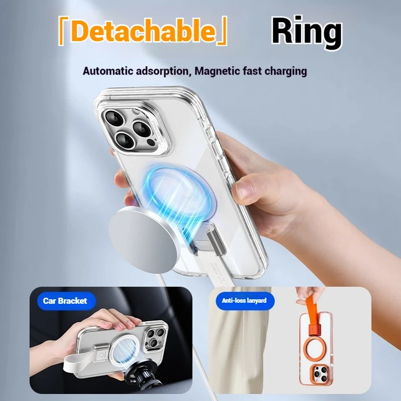 Premium Magnetic iPhone Case — MagSafe Compatible Clear Protection with Detachable Silicone Lanyard & Ring Grip, Non-Slip Full Coverage Design