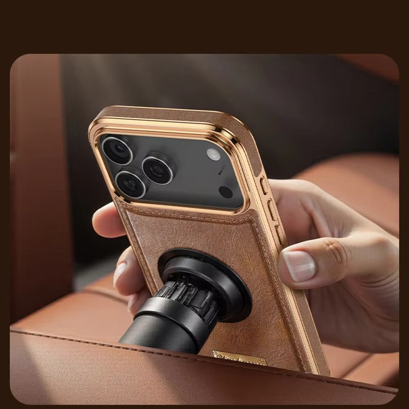 Premium Magnetic iPhone Case with Retro Oil-Wax Leather — Strong Metal Button Grip, Shockproof Full-Coverage Plating, Anti-Fingerprint & Scratch-Resistant Design