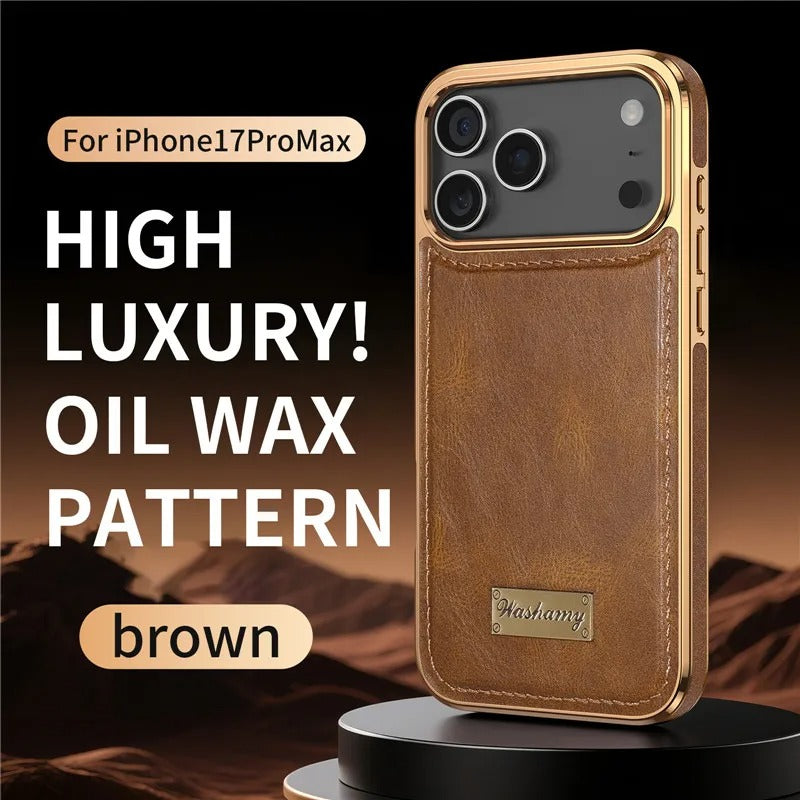 Premium Magnetic iPhone Case with Retro Oil-Wax Leather — Strong Metal Button Grip, Shockproof Full-Coverage Plating, Anti-Fingerprint & Scratch-Resistant Design