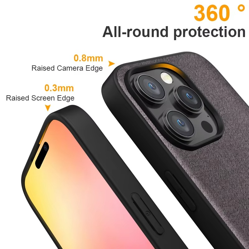Premium Shockproof iPhone Case — Textile Leather Anti-Fingerprint Dustproof Cover with Non-Slip Grip and Scratch-Resistant Hard Back