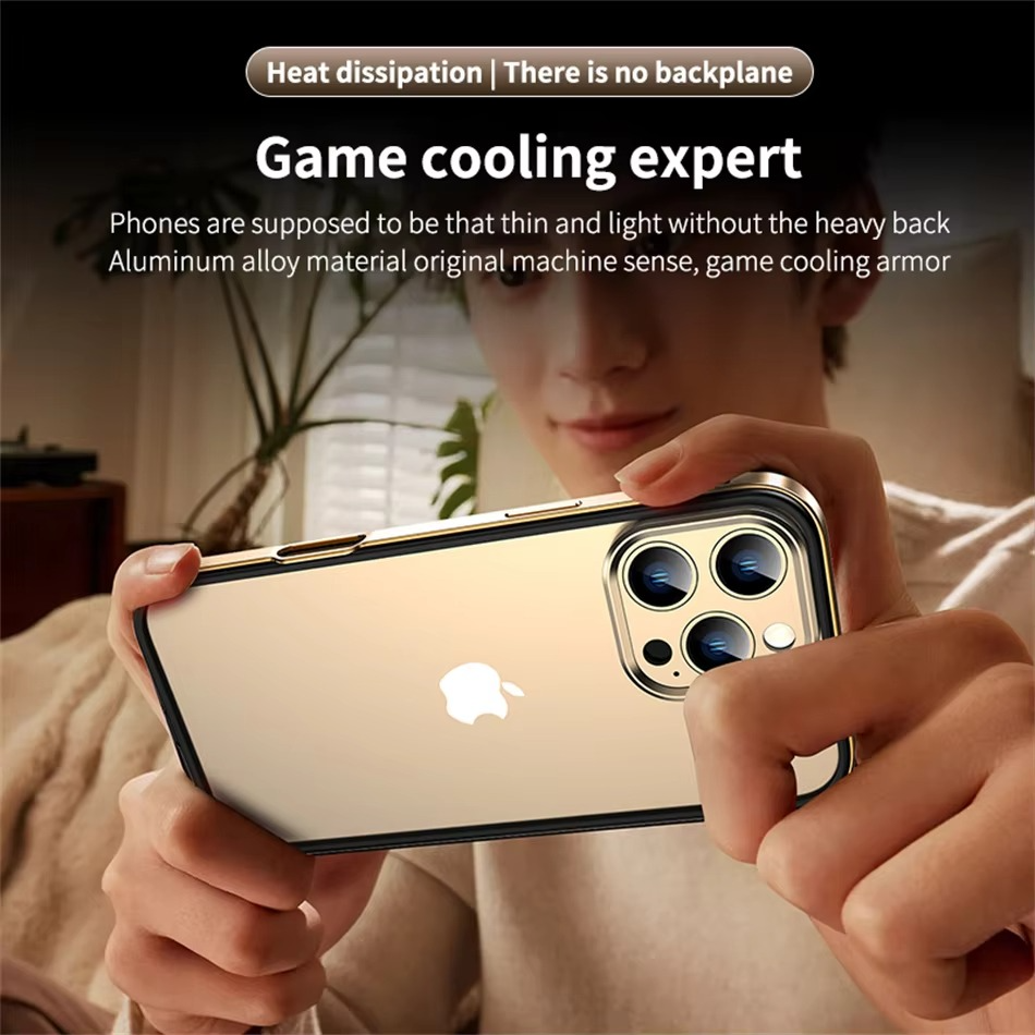 Premium iPhone Case Aluminum Metal Bumper with Silicone Frame — Hybrid Design, Camera Lens Protection, Shockproof Cover, Better Heat Dissipation, Scratch-Resistant