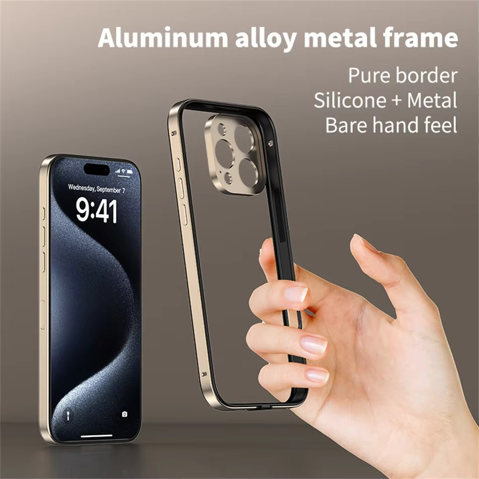Premium iPhone Case Aluminum Metal Bumper with Silicone Frame — Hybrid Design, Camera Lens Protection, Shockproof Cover, Better Heat Dissipation, Scratch-Resistant