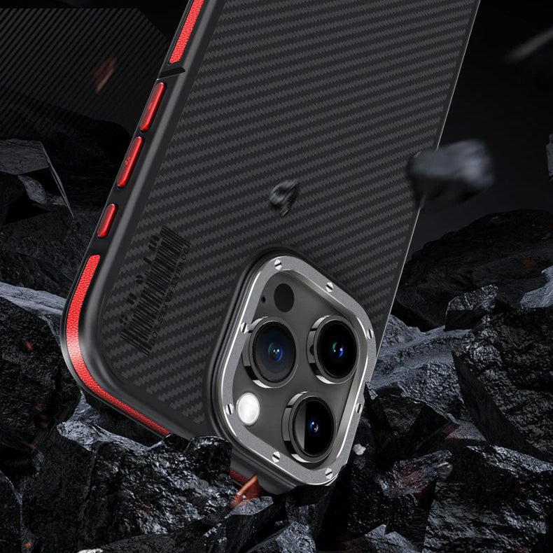 Premium iPhone Case — 600D Kevlar Series Magnetic Cover with Metal Camera Ring, Half-Wrapped Dual-Layer Carbon Fiber Protection & Anti-Fingerprint Design