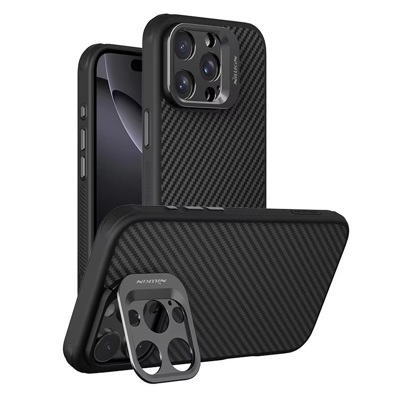 Premium iPhone Case — Aramid Fiber Kevlar 600D Half-Wrapped Cover with MagSafe, Invisible Camera Ring Stand, Shockproof Anti-Fingerprint Design