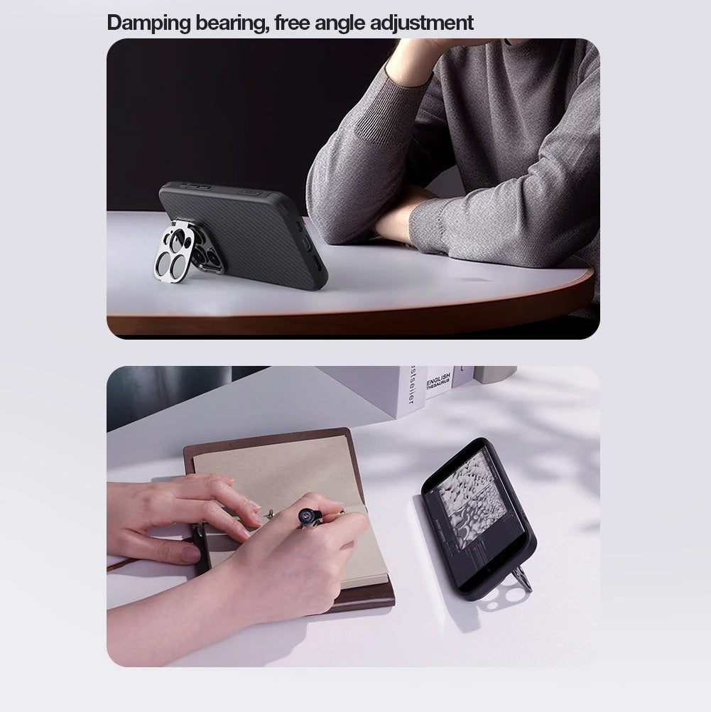 Premium iPhone Case — Aramid Fiber Kevlar 600D Half-Wrapped Cover with MagSafe, Invisible Camera Ring Stand, Shockproof Anti-Fingerprint Design