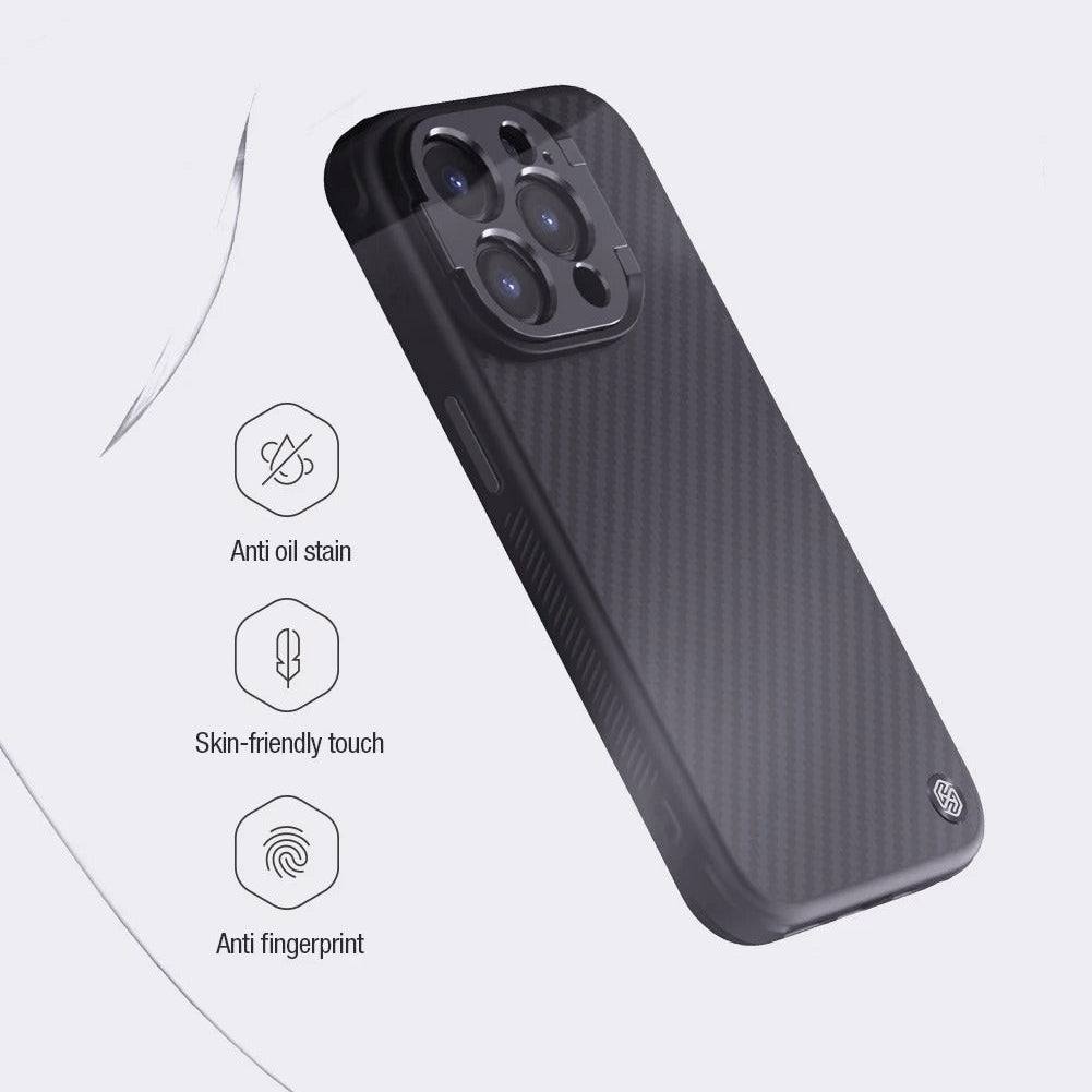 Premium iPhone Case — Aramid Fiber Kevlar 600D Half-Wrapped Cover with MagSafe, Invisible Camera Ring Stand, Shockproof Anti-Fingerprint Design