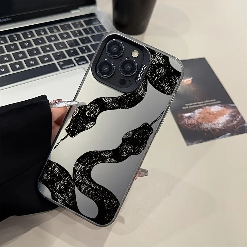 Premium iPhone Case — Black Snake Laser Protective TPU Cover with Drop-Resistant Design & Silver Energy Aesthetic