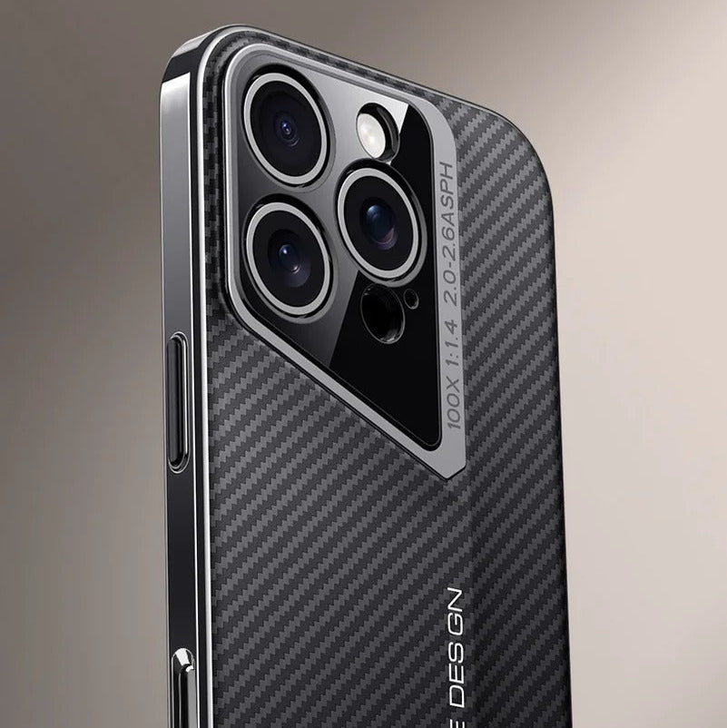 Premium iPhone Case — Carbon Fiber Fighter-Style Electroplated Protective Cover with Magnetic Shockproof Design, Anti-Fingerprint Non-Slip Full-Coverage Build