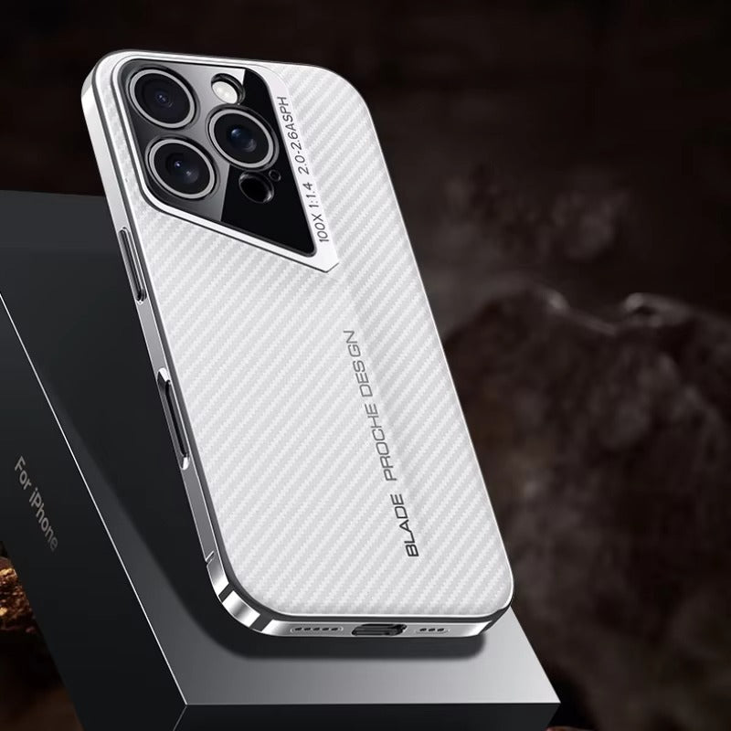 Premium iPhone Case — Carbon Fiber Fighter-Style Electroplated Protective Cover with Magnetic Shockproof Design, Anti-Fingerprint Non-Slip Full-Coverage Build