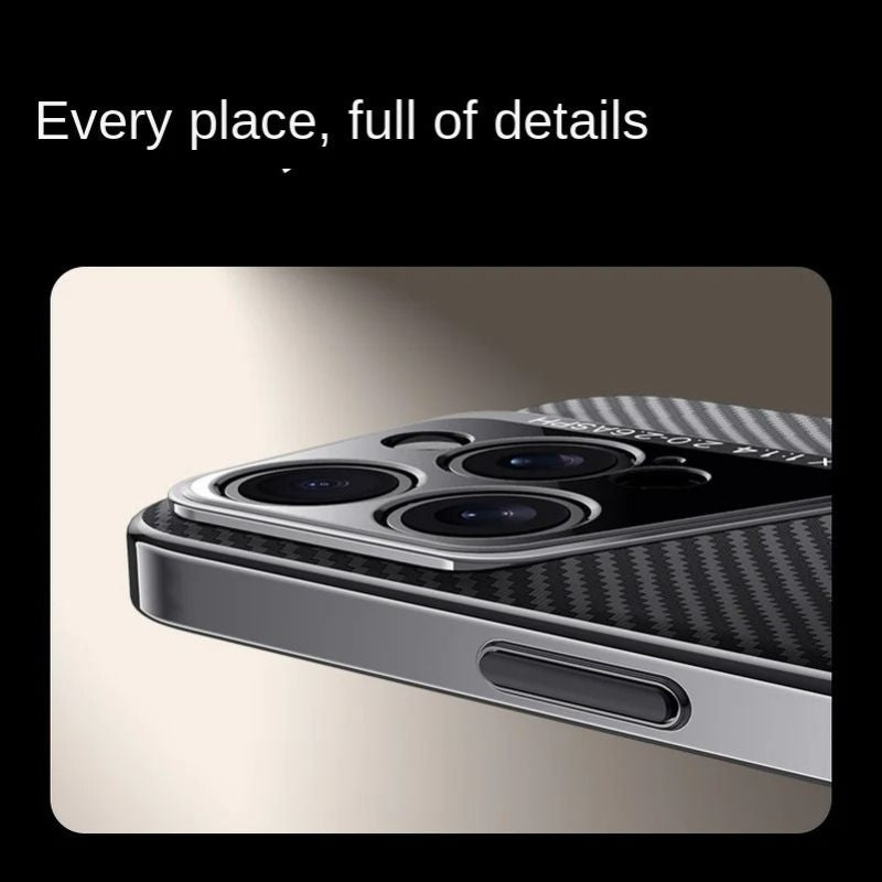Premium iPhone Case — Carbon Fiber Fighter-Style Electroplated Protective Cover with Magnetic Shockproof Design, Anti-Fingerprint Non-Slip Full-Coverage Build
