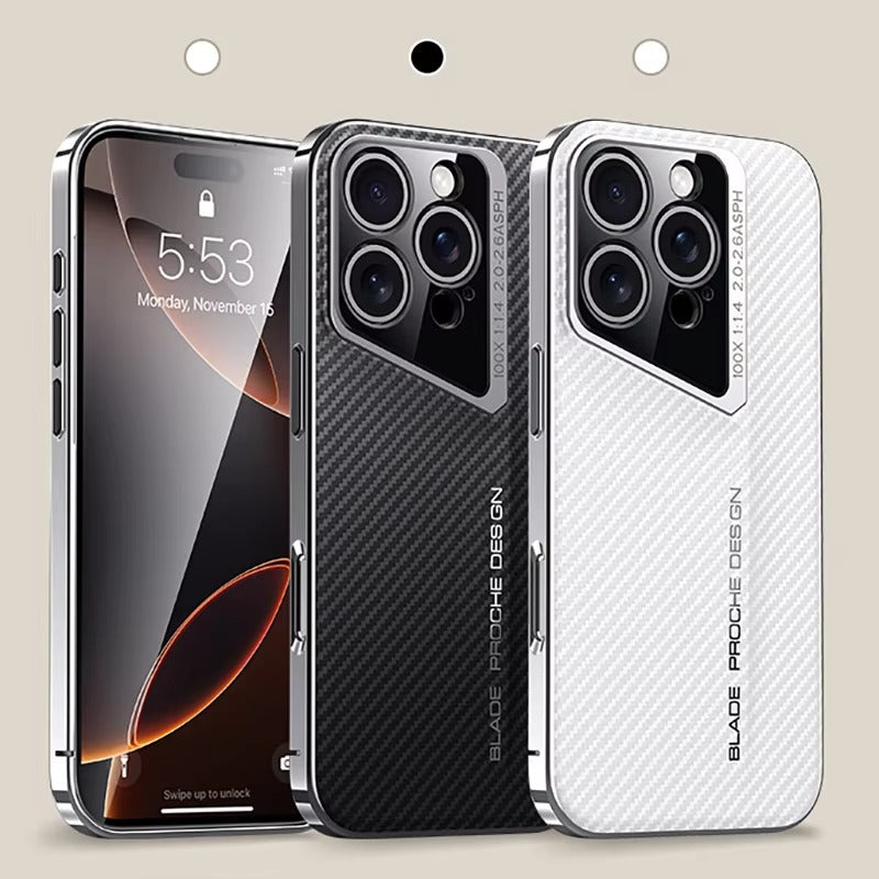 Premium iPhone Case — Carbon Fiber Fighter-Style Electroplated Protective Cover with Magnetic Shockproof Design, Anti-Fingerprint Non-Slip Full-Coverage Build