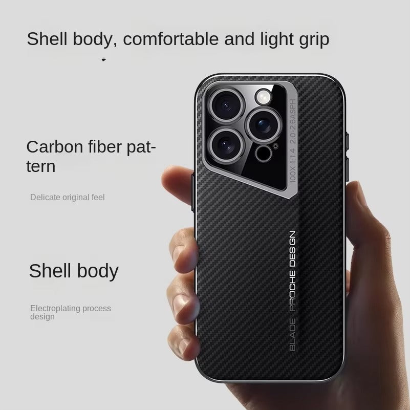 Premium iPhone Case — Carbon Fiber Fighter-Style Electroplated Protective Cover with Magnetic Shockproof Design, Anti-Fingerprint Non-Slip Full-Coverage Build