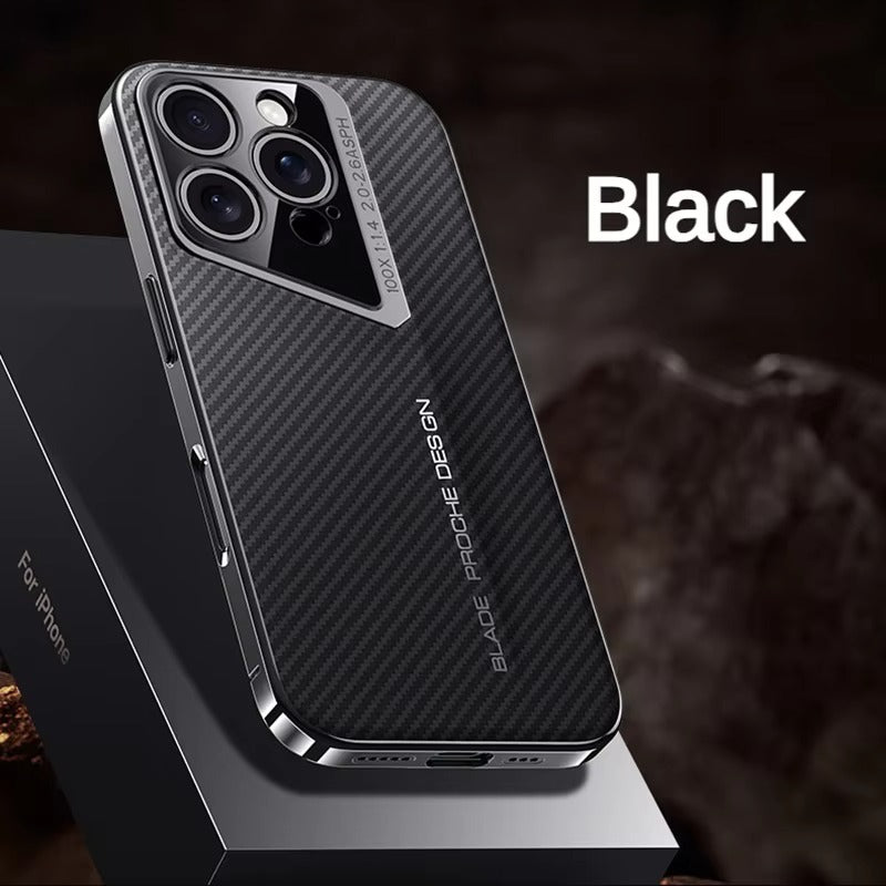 Premium iPhone Case — Carbon Fiber Fighter-Style Electroplated Protective Cover with Magnetic Shockproof Design, Anti-Fingerprint Non-Slip Full-Coverage Build
