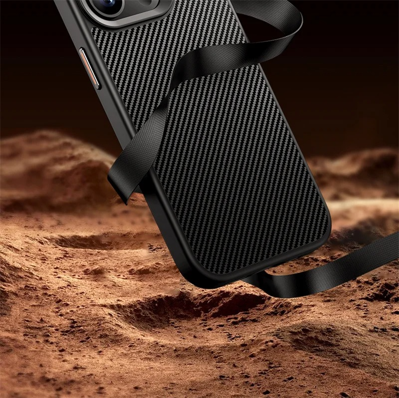 Premium iPhone Case — Carbon Fiber Full-Coverage Cover with Magnetic Stand, Removable Lens Protector, Anti-Fingerprint Shockproof PC+TPU Design & MagSafe Compatibility