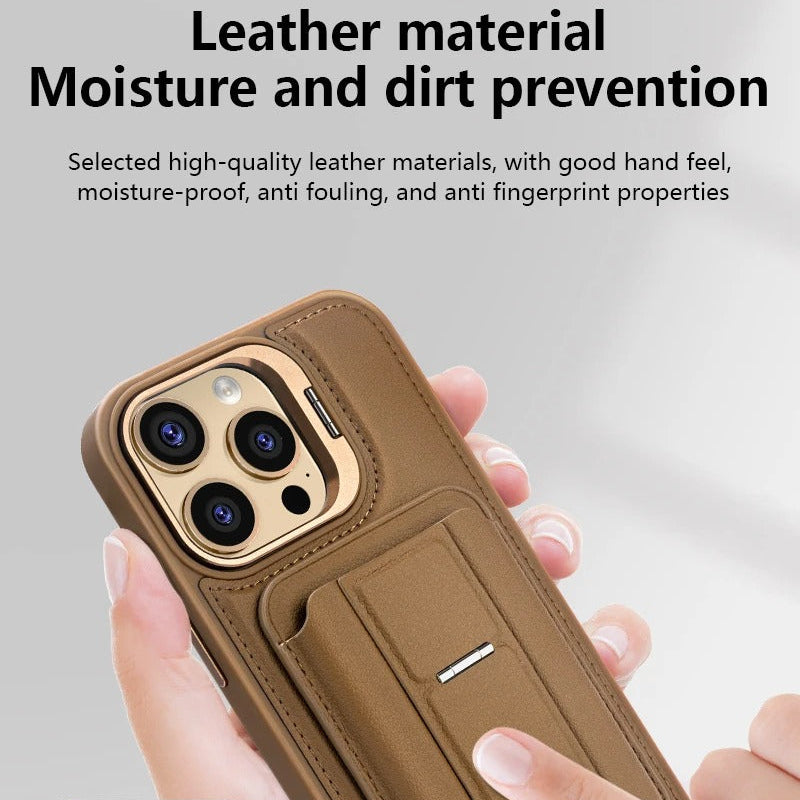 Premium iPhone Case — Card Holder Leather Cover with Camera Lens Protection, Kickstand, Shockproof Plastic + Aluminum Design, Full Protection