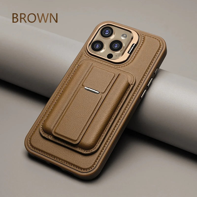Premium iPhone Case — Card Holder Leather Cover with Camera Lens Protection, Kickstand, Shockproof Plastic + Aluminum Design, Full Protection