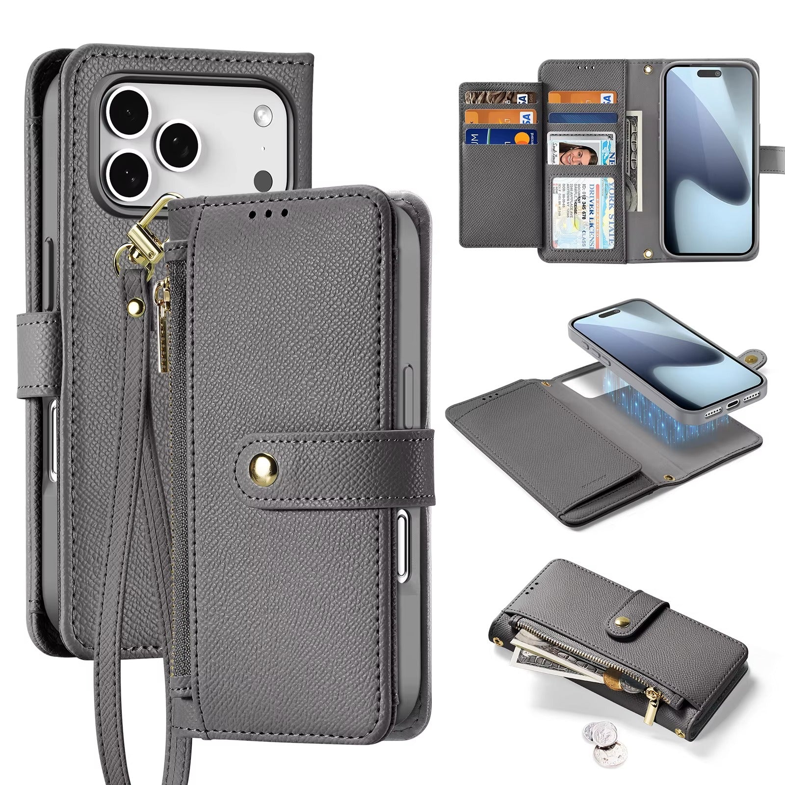 Premium iPhone Case — Cow Leather Detachable Magnetic Wallet Cover with Card Slots, Shockproof Drop Protection, Wireless-Charging Support & Lanyard Option