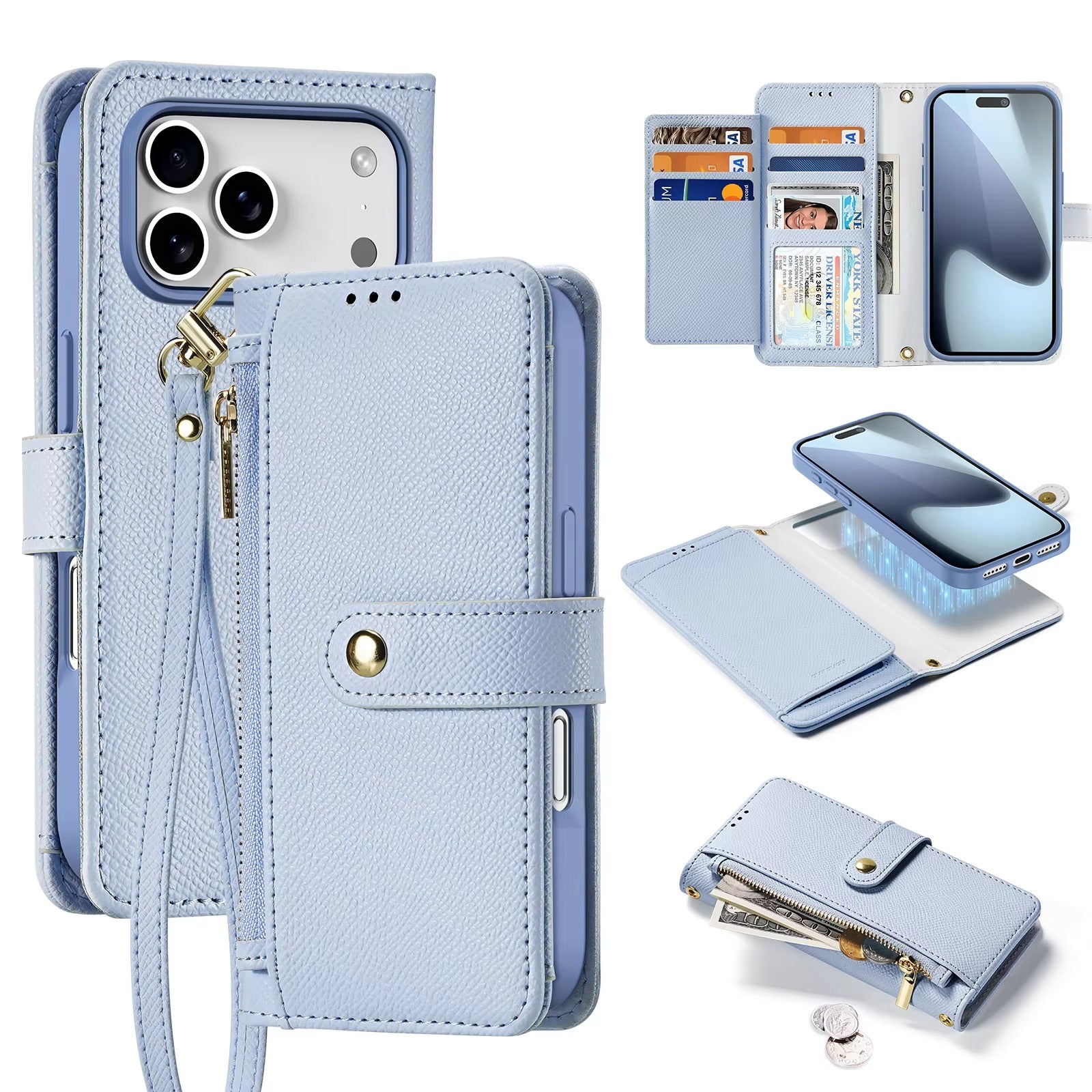 Premium iPhone Case — Cow Leather Detachable Magnetic Wallet Cover with Card Slots, Shockproof Drop Protection, Wireless-Charging Support & Lanyard Option
