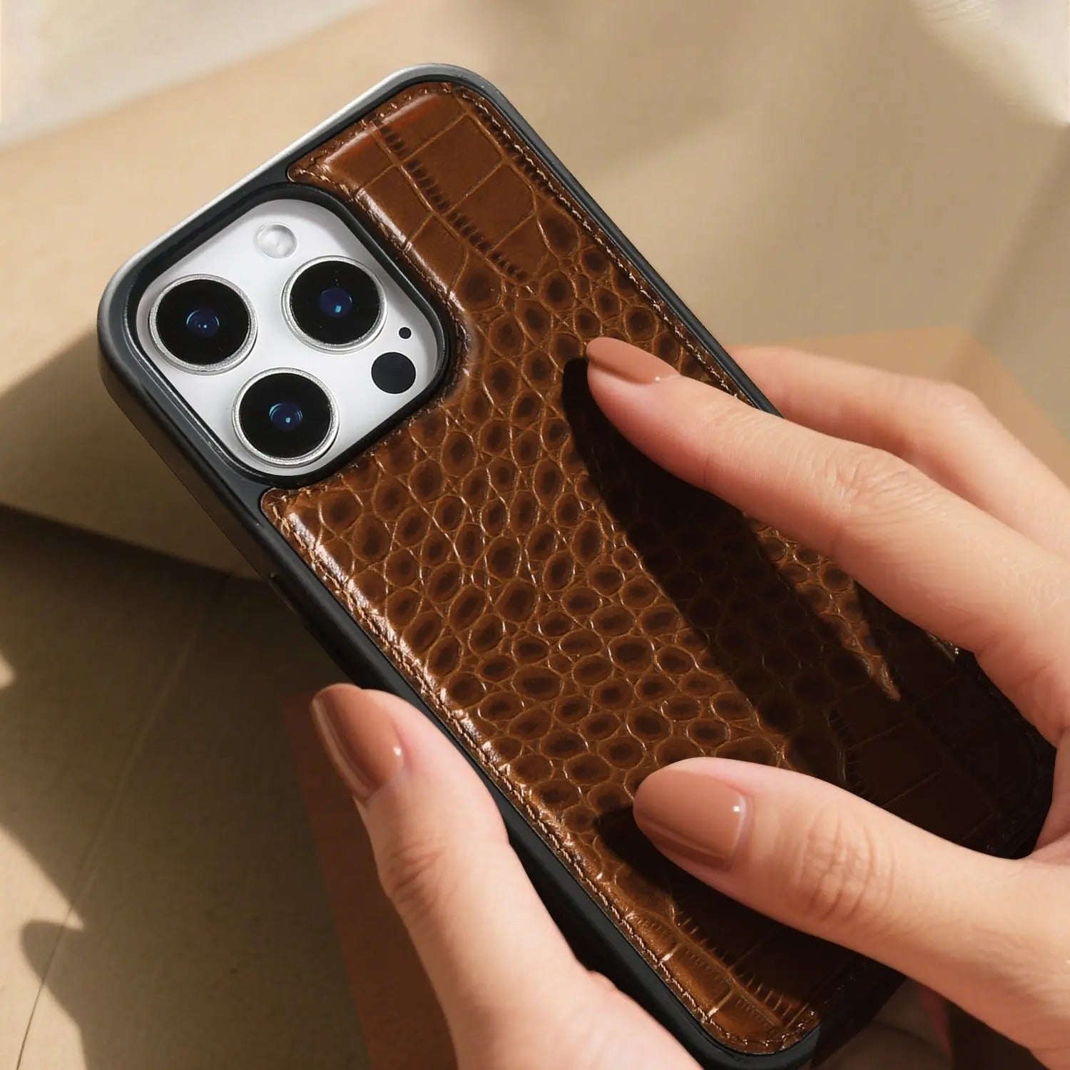 Premium iPhone Case — Crocodile-Pattern Genuine Cowhide Leather Cover with Shockproof TPU Protection, Anti-Fingerprint Finish and Raised Camera Lips