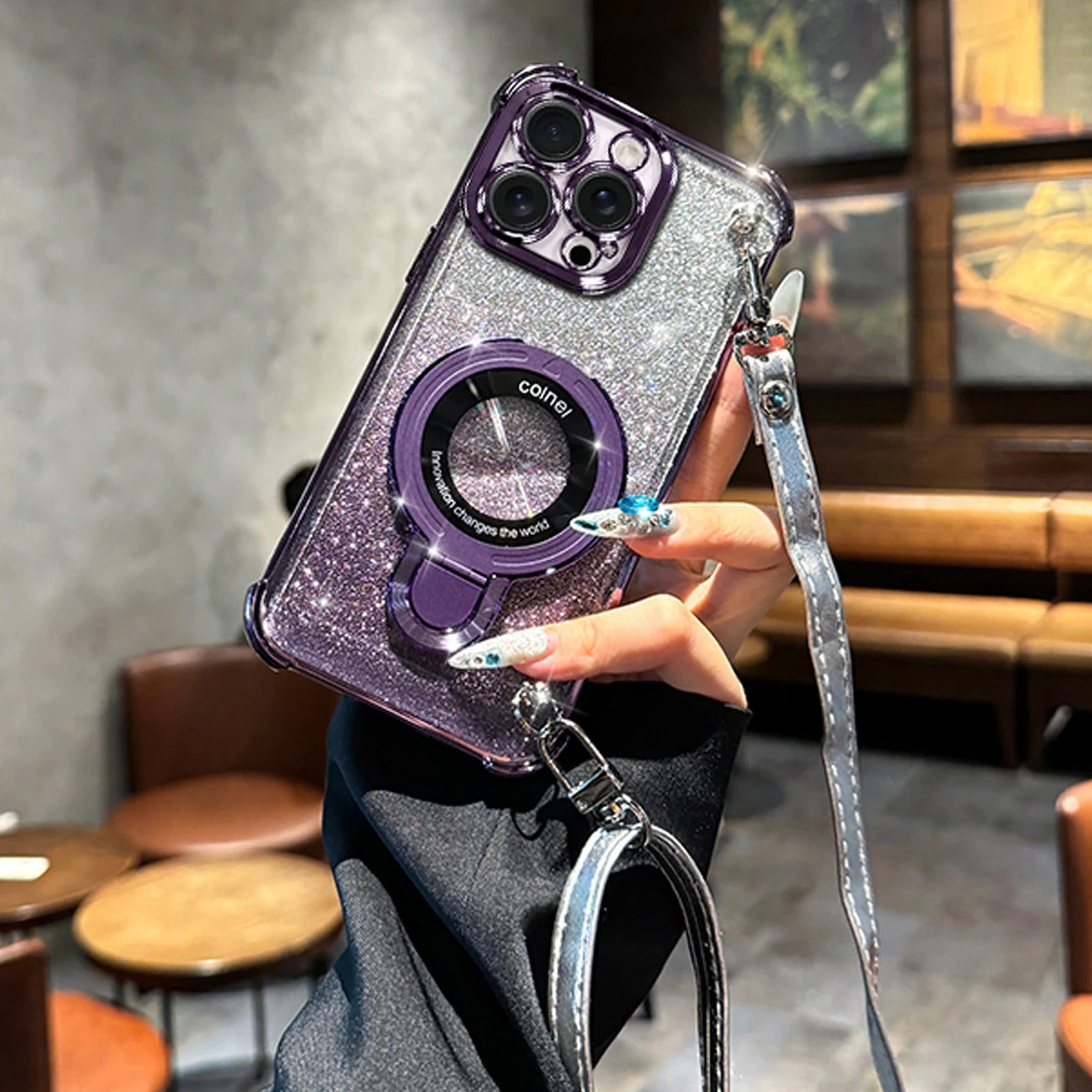 Premium iPhone Case — Four-Corner Anti-Drop TPU Cover with Wireless Charging Holder, Shockproof Lanyard Design & Half-Wrapped Protection