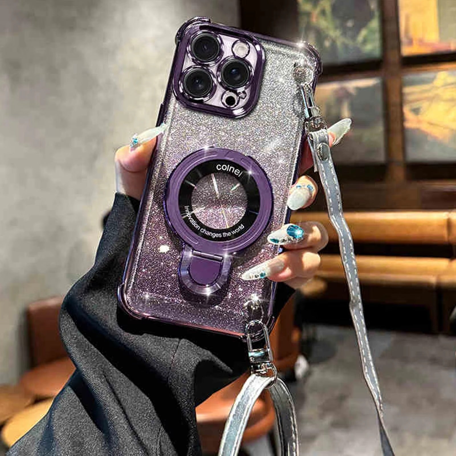 Premium iPhone Case — Four-Corner Anti-Drop TPU Cover with Wireless Charging Holder, Shockproof Lanyard Design & Half-Wrapped Protection