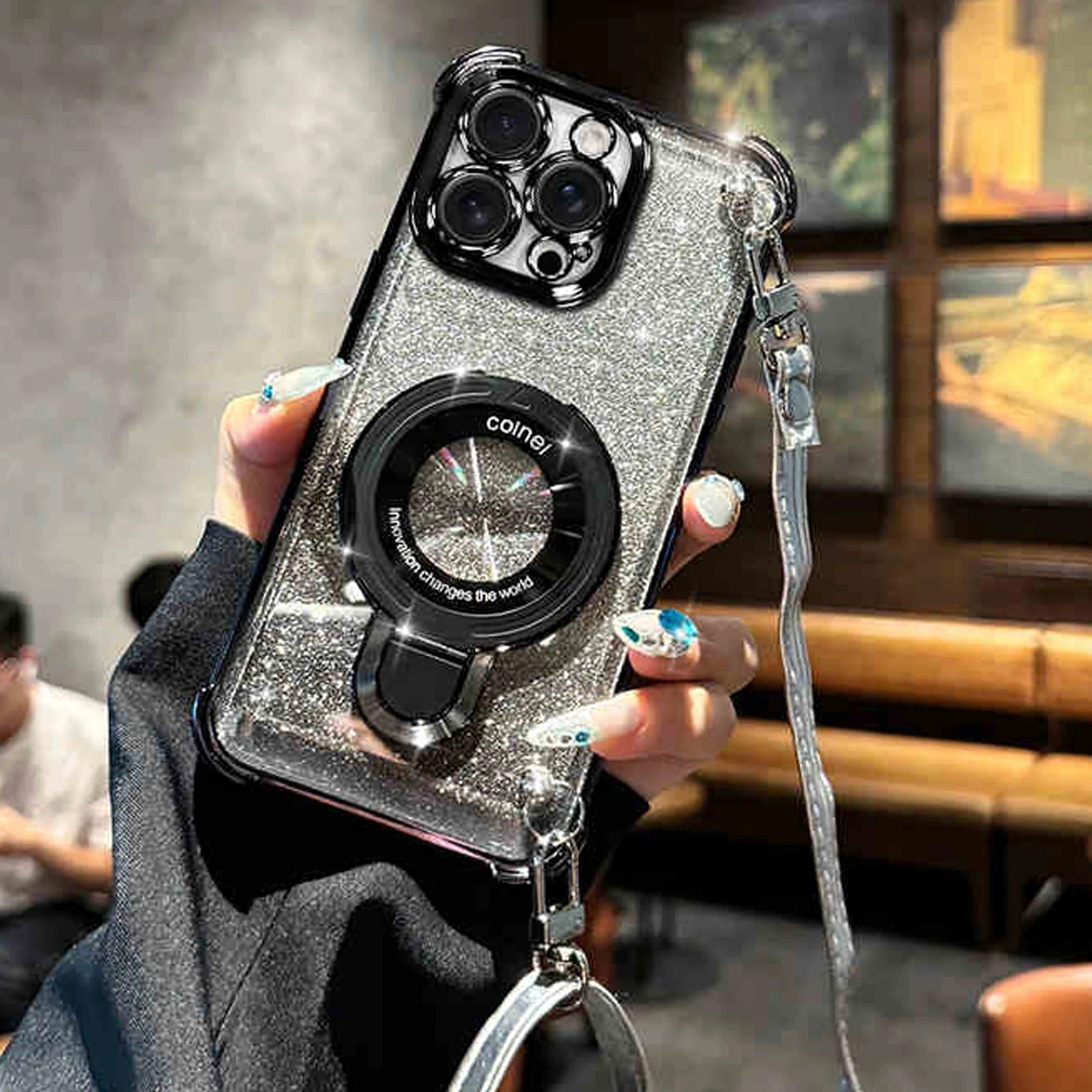 Premium iPhone Case — Four-Corner Anti-Drop TPU Cover with Wireless Charging Holder, Shockproof Lanyard Design & Half-Wrapped Protection