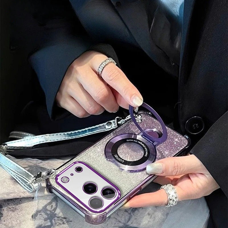 Premium iPhone Case — Four-Corner Anti-Drop TPU Cover with Wireless Charging Holder, Shockproof Lanyard Design & Half-Wrapped Protection