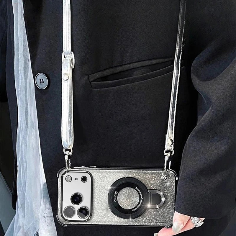 Premium iPhone Case — Four-Corner Anti-Drop TPU Cover with Wireless Charging Holder, Shockproof Lanyard Design & Half-Wrapped Protection