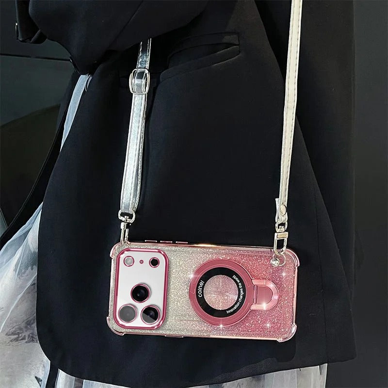 Premium iPhone Case — Four-Corner Anti-Drop TPU Cover with Wireless Charging Holder, Shockproof Lanyard Design & Half-Wrapped Protection