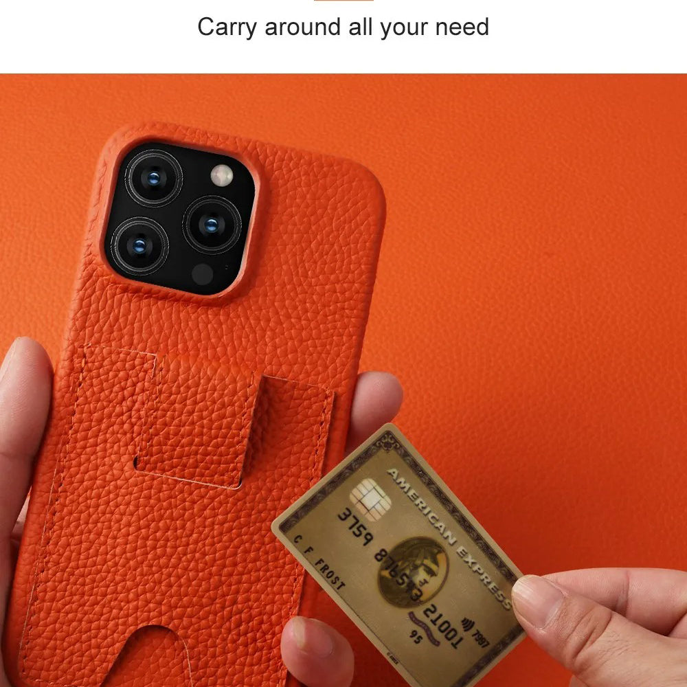 Premium iPhone Case — Genuine Cowhide Leather Cover with Card Holder Slot, Slim Shockproof PC Back and Anti-Fingerprint Non-Slip Design