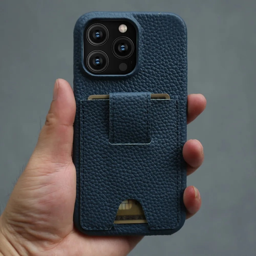 Premium iPhone Case — Genuine Cowhide Leather Cover with Card Holder Slot, Slim Shockproof PC Back and Anti-Fingerprint Non-Slip Design