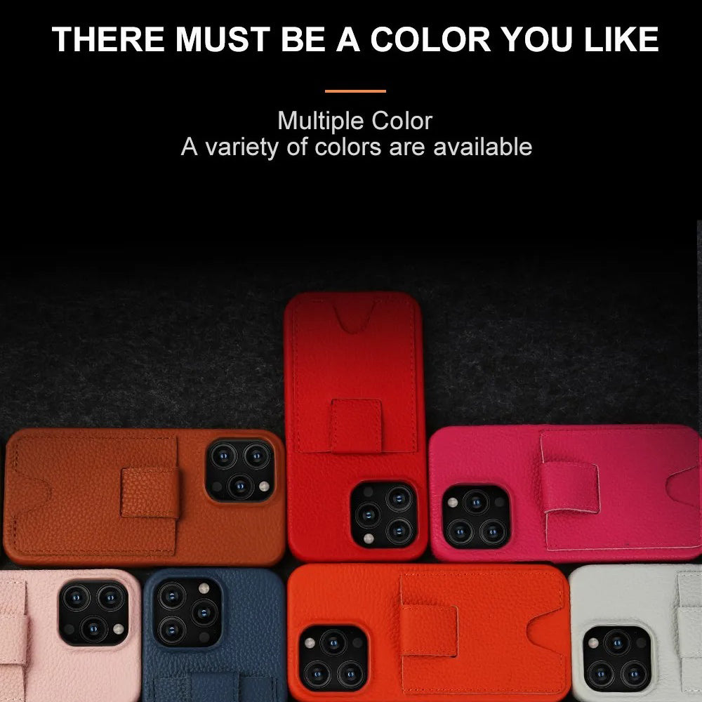 Premium iPhone Case — Genuine Cowhide Leather Cover with Card Holder Slot, Slim Shockproof PC Back and Anti-Fingerprint Non-Slip Design