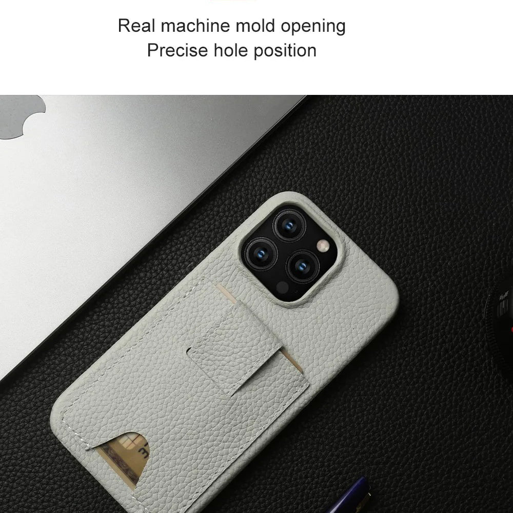 Premium iPhone Case — Genuine Cowhide Leather Cover with Card Holder Slot, Slim Shockproof PC Back and Anti-Fingerprint Non-Slip Design