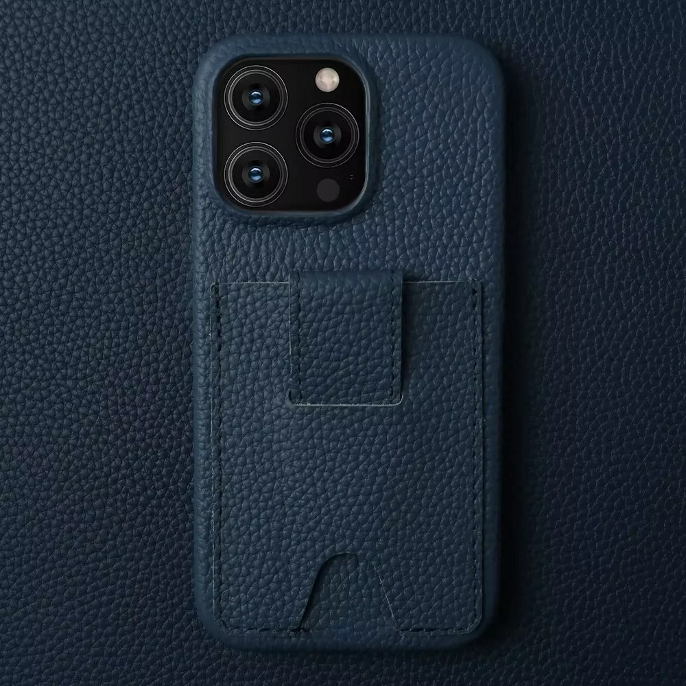 Premium iPhone Case — Genuine Cowhide Leather Cover with Card Holder Slot, Slim Shockproof PC Back and Anti-Fingerprint Non-Slip Design