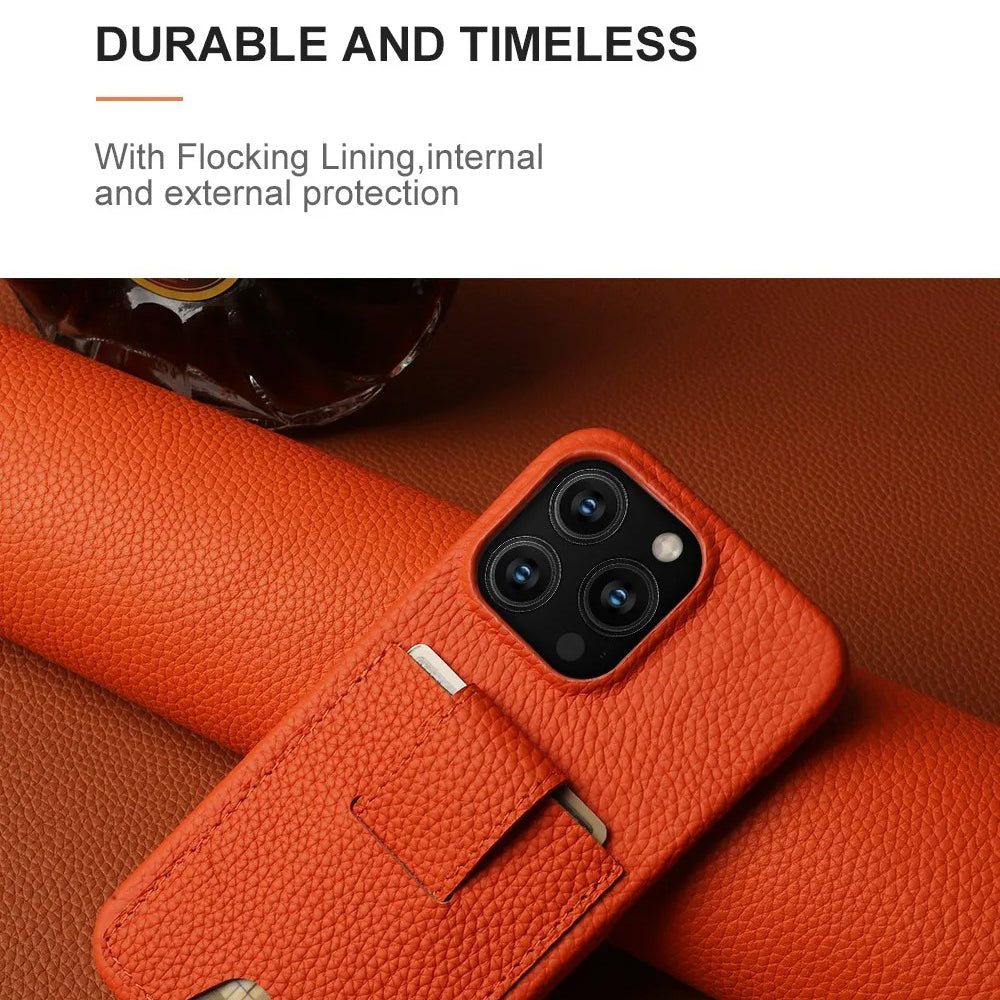 Premium iPhone Case — Genuine Cowhide Leather Cover with Card Holder Slot, Slim Shockproof PC Back and Anti-Fingerprint Non-Slip Design