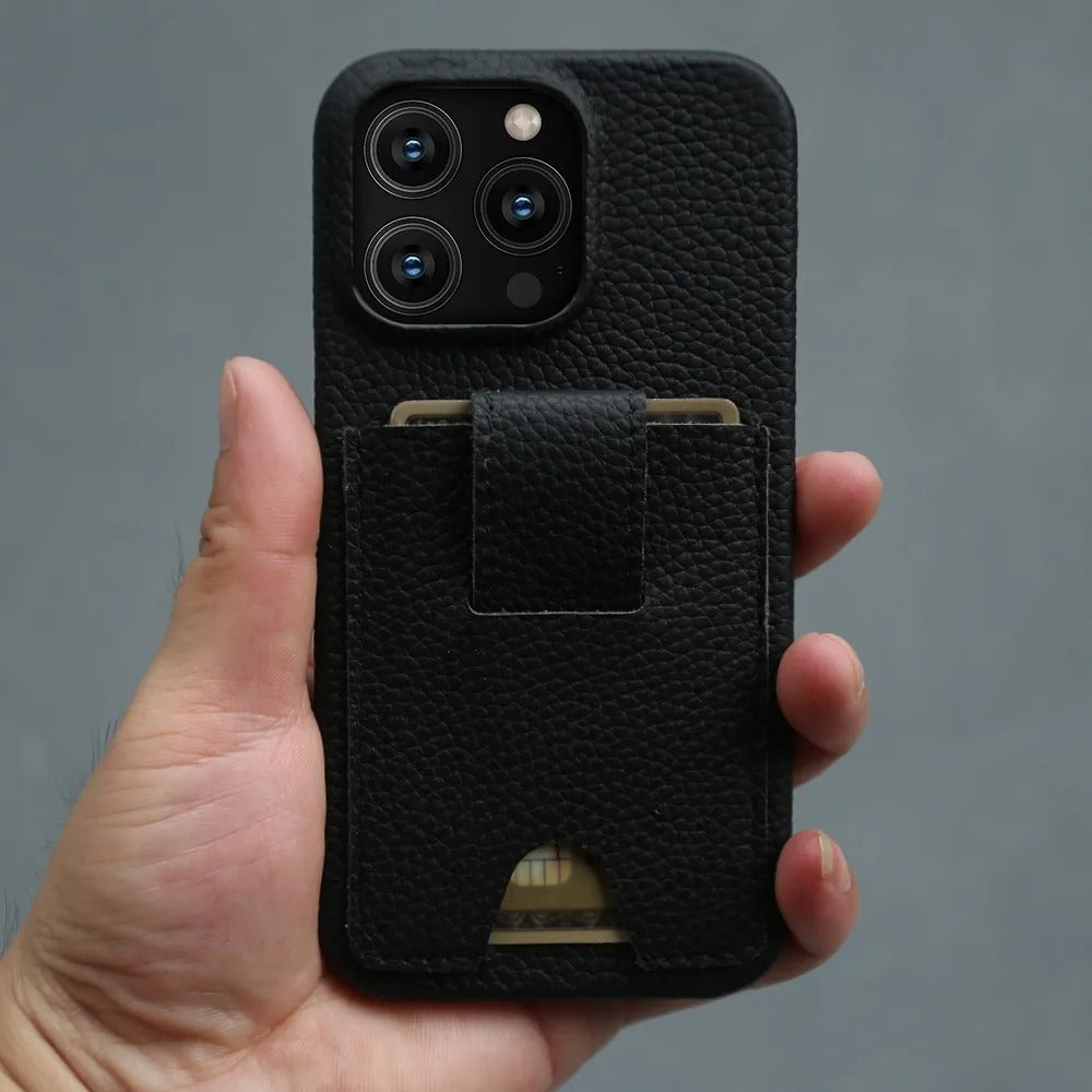 Premium iPhone Case — Genuine Cowhide Leather Cover with Card Holder Slot, Slim Shockproof PC Back and Anti-Fingerprint Non-Slip Design