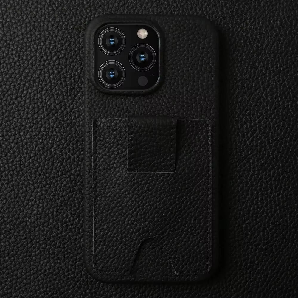 Premium iPhone Case — Genuine Cowhide Leather Cover with Card Holder Slot, Slim Shockproof PC Back and Anti-Fingerprint Non-Slip Design
