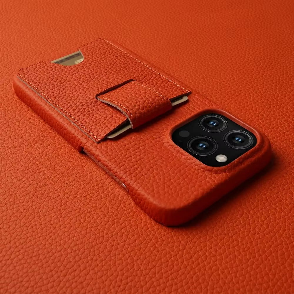 Premium iPhone Case — Genuine Cowhide Leather Cover with Card Holder Slot, Slim Shockproof PC Back and Anti-Fingerprint Non-Slip Design