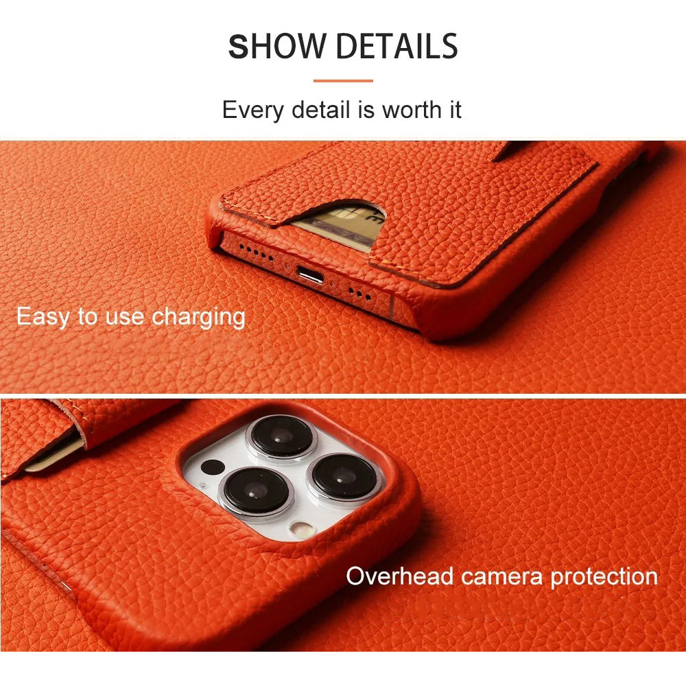 Premium iPhone Case — Genuine Cowhide Leather Cover with Card Holder Slot, Slim Shockproof PC Back and Anti-Fingerprint Non-Slip Design