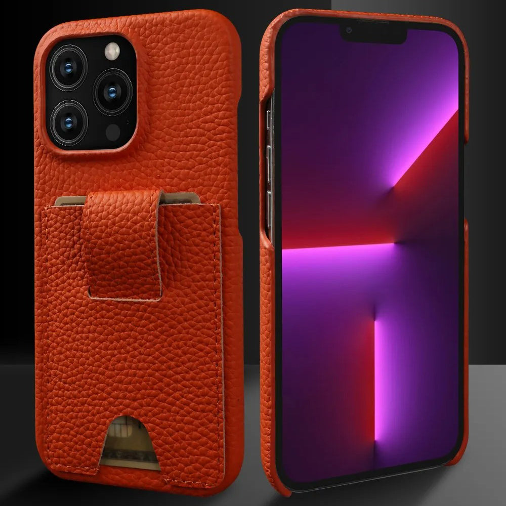 Premium iPhone Case — Genuine Cowhide Leather Cover with Card Holder Slot, Slim Shockproof PC Back and Anti-Fingerprint Non-Slip Design