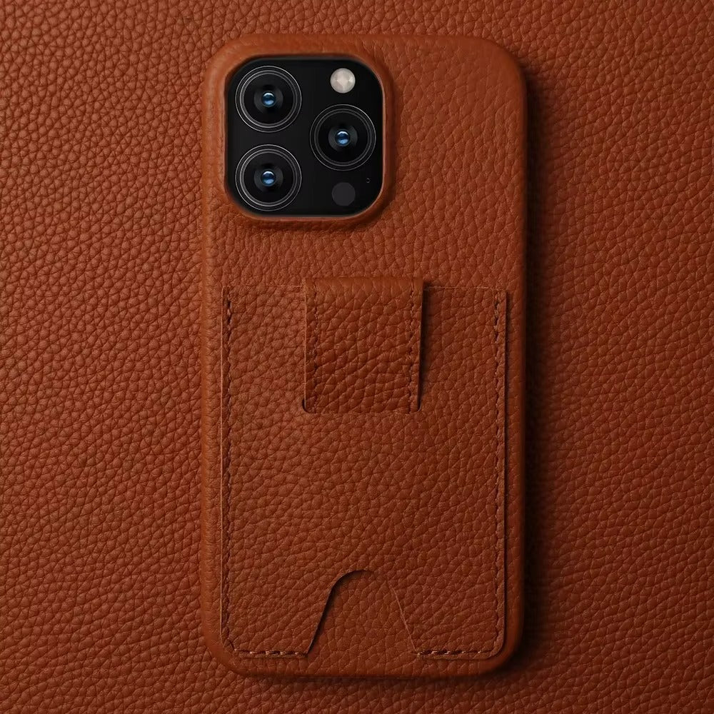 Premium iPhone Case — Genuine Cowhide Leather Cover with Card Holder Slot, Slim Shockproof PC Back and Anti-Fingerprint Non-Slip Design