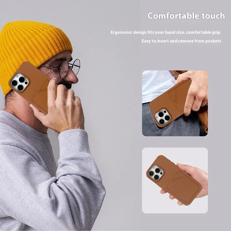Premium iPhone Case — Genuine Leather Card Slot Back Cover with Vintage Aesthetic Design, Lightweight Anti-Scratch Non-Slip Protection