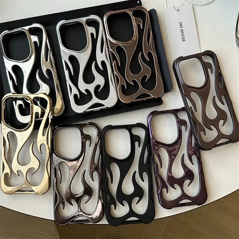 Premium iPhone Case — Hollow Flame Design SoftLuxury iPhone Case — Star Graffiti Gloss-Plated Cream TPU Cover with Stylish Artistic Design & Smooth Protective Finish Cover with Shockproof Protection & Silver Electroplated Cool Aesthetic for Boys and Girls